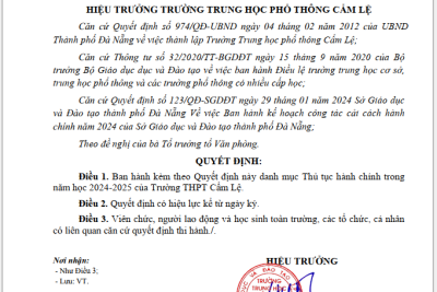 QUYẾT ĐỊNH VỀ VIỆC BAN HÀNH DANH MỤC THỦ TỤC HÀNH CHÍNH TRONG NĂM HỌC 2024-2025