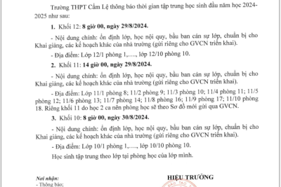 THÔNG BÁO VỀ VIỆC TẬP TRUNG HỌC SINH ĐẦU NĂM HỌC 2024-2025