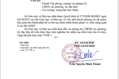 TRIỂN KHAI QUYẾT ĐỊNH SỐ 2733/QĐ-BGDĐT NGÀY 02/10/2025 CỦA BỘ GDĐT VỀ VIỆC PHÊ DUYỆT PHƯƠNG ÁN CẮT GIẢM, ĐƠN GIẢN HÓA THÀNH PHẦN HỒ SƠ THỦ TỤC HÀNH CHÍNH THUỘC PHẠM VI, CHỨC NĂNG QUẢN LÍ CỦA BỘ GDĐT