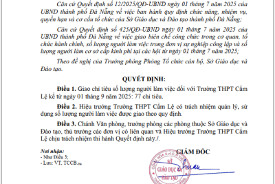 QUYẾT ĐỊNH VỀ VIỆC GIAO CHỈ TIÊU SỐ LƯỢNG NGƯỜI LÀM VIỆC ĐỐI VỚI TRƯỜNG THPT CẨM LỆ