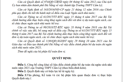 QUYẾT ĐỊNH VỀ VIỆC CÔNG BỐ CÔNG KHAI ĐIỀU CHỈNH PHÂN BỔ DỰ TOÁN CHI NGÂN SÁCH NHÀ NƯỚC NĂM 2025 CỦA TRƯỜNG THPT CẨM LỆ