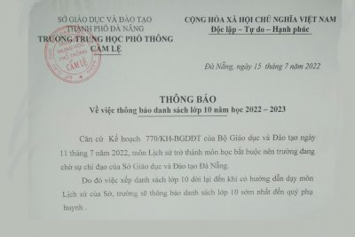 Thông báo danh sách lớp 10 năm học 2022-2023