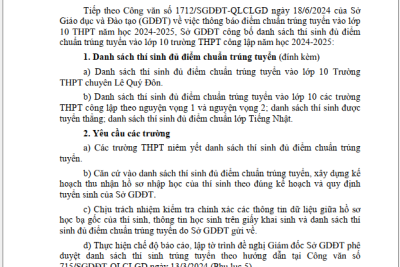 THÔNG BÁO DANH SÁCH THÍ SINH ĐỦ ĐIỂM CHUẨN TRÚNG TUYỂN VÀO LỚP 10 THPT NĂM 2024-2025