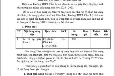 MỜI CHÀO GIÁ CUNG CẤP HÀNG HÓA, DỊCH VỤ CHO TRƯỜNG THPT CẨM LỆ.